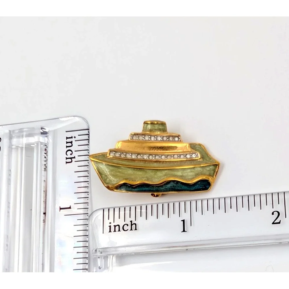 VTG Swarovski Cruise Ship Boat‎ Pin Brooch Pave Gold Tone Nautical Ocean Liner